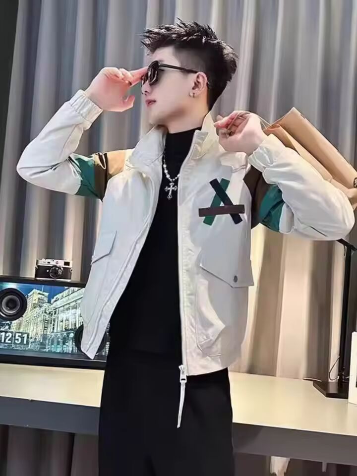 Men's New Style Spliced stand Collar Pocket Zipper Letters Fashionable Loose Versatile Casual Long Sleeve Jackets