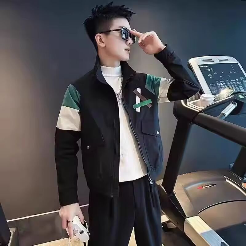 Men's New Style Spliced stand Collar Pocket Zipper Letters Fashionable Loose Versatile Casual Long Sleeve Jackets